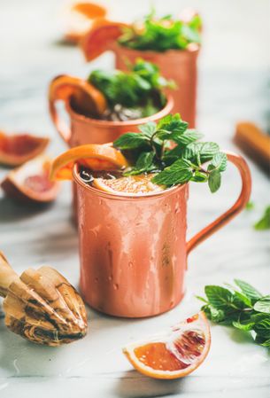 Close up of summer or spring Moscow Mule in copper mug