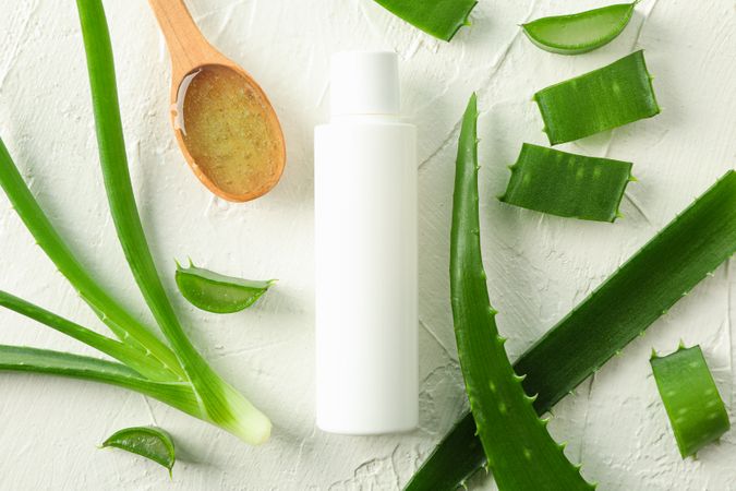 Cream bottle with space for text, wooden spoon, aloe vera slices and leaves on table, top view. Natural treatment