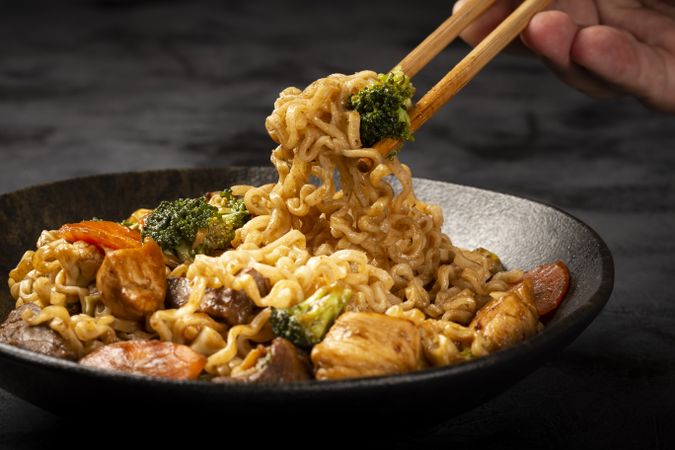 Yakisoba noodles. Yakisoba dish with meat, chicken and vegetables.