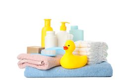 Baby hygiene accessories isolated on light background