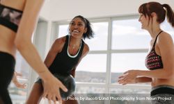Smiling workout partners exercising with medicine ball 0WOXW1