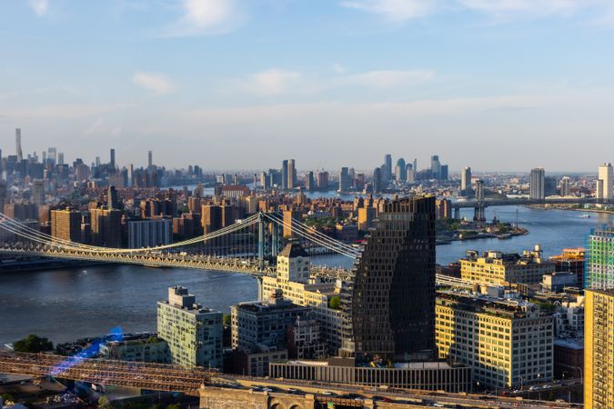 New York Skyline with Residential Neighbourhoods. Aerial Shot of Housing Complexes from a Helicopter. Panoramic View of a Big Modern City
