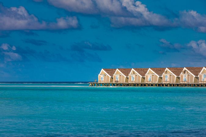 A line of overwater bungalows in the Maldives