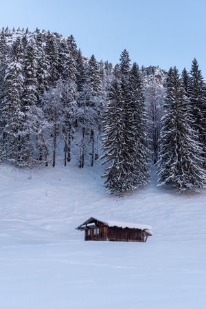 Mountain cabin surrounded by deep snow in the Bavarian Alps, Germany