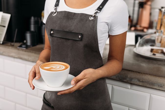 Barista in apron serving cappuccino