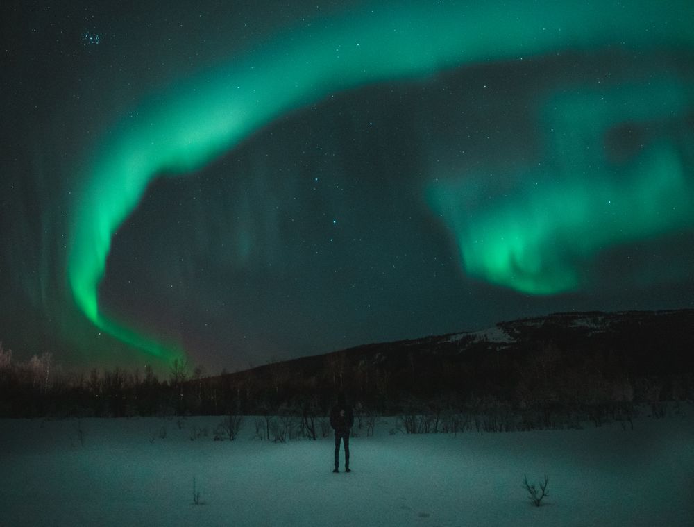 Silhouette of person under green aurora lights during night time