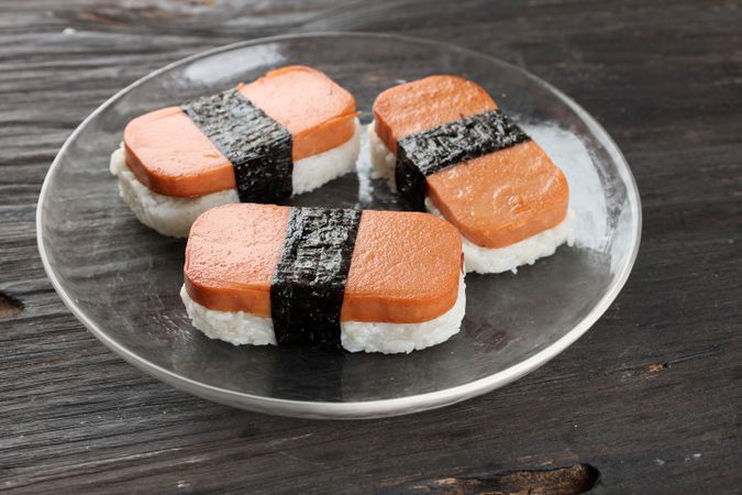 Close Up Spam Mushubi Beef Corned with Rice and Nori Belt