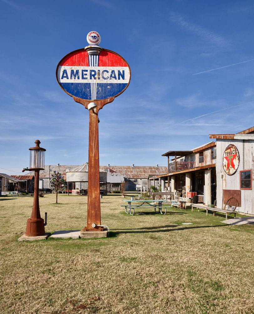 Gas pump and signs on the Hopson Plantation site on the outskirts of Clarksdale, Mississippi
