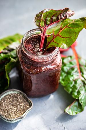 Beet smoothie with chia seeds with greens