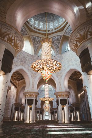 Ornamental ceiling and columns of mosque interior