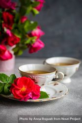 Side view of tea in cup & saucer with red roses and copy space 5wXgGA