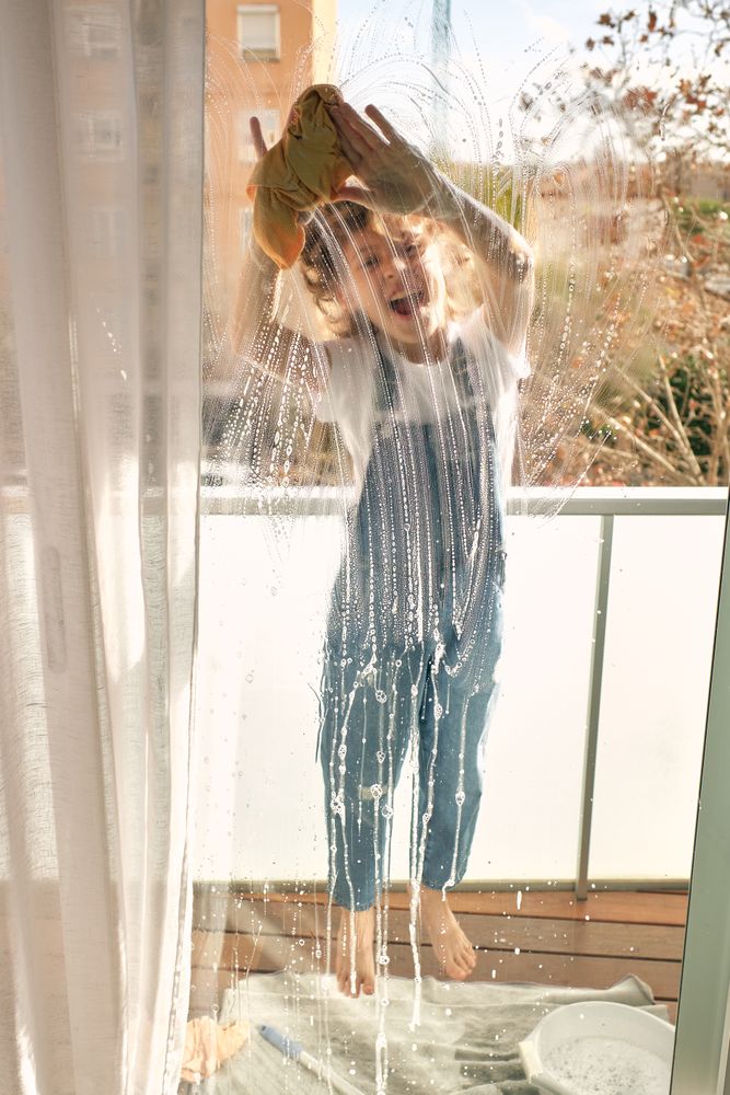 Cheerful boy washing windows with rag at home