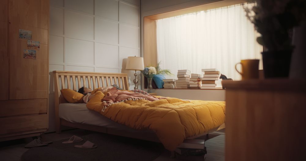 Portrait of Korean Woman Waking up in the Morning, Stretches