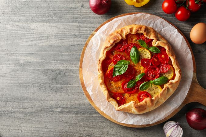 Concept of tasty food, Vegetable galette, space for text