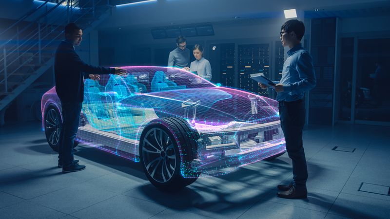 Group of Automobile Design Engineers Working on Augmented Reality 3D Model Prototype of Electric Car Chassis.