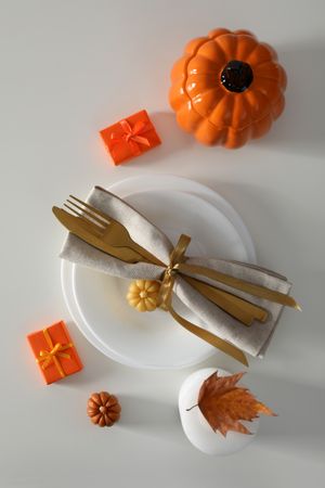 Concept of Thanksgiving day, Autumn table setting, top view