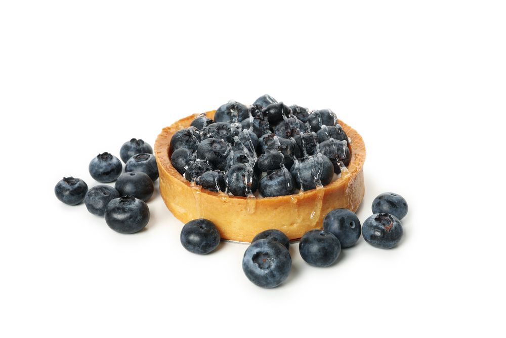 Tasty blueberry pie isolated on light background