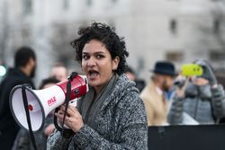 Washington DC, USA - January 27, 2017: Noor Mir speaking at rally against Trump’s Muslim Ban