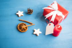Christmas gift box with bow and label