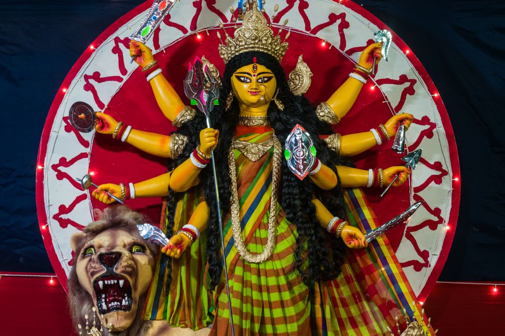 A beautiful idol of Maa Durga being worshipped at a temple in Mumbai for the auspicious Indian festival of Navratri