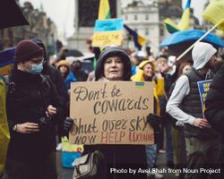 London, England, United Kingdom - March 5 2022: Mature woman in warm jacket at anti-war protest 49Okv0