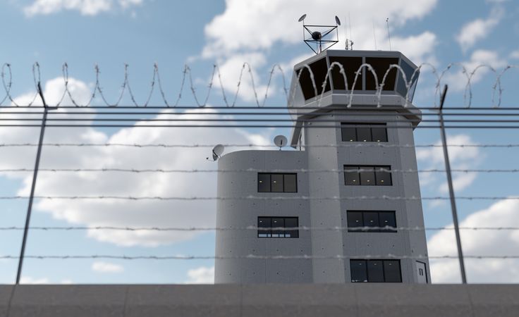 Air Traffic Control Tower Behind Barbed Wire Fence.