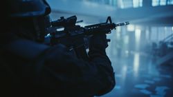 Close Up Portrait of Masked Armed SWAT Police Officer Storming Dark Seized Office Building with Desks and Computers.
