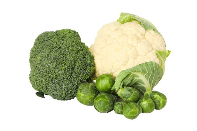 Broccoli branch, cauliflower and Brussels sprouts, isolated on background