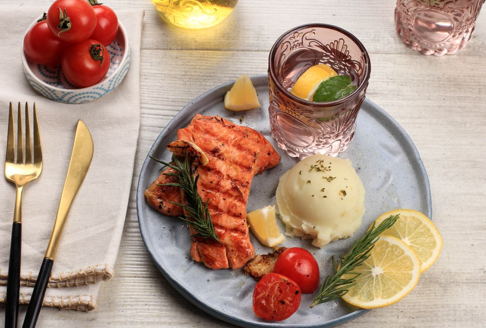 Salmon Steak with Grilled Tomato and Mashed Potato