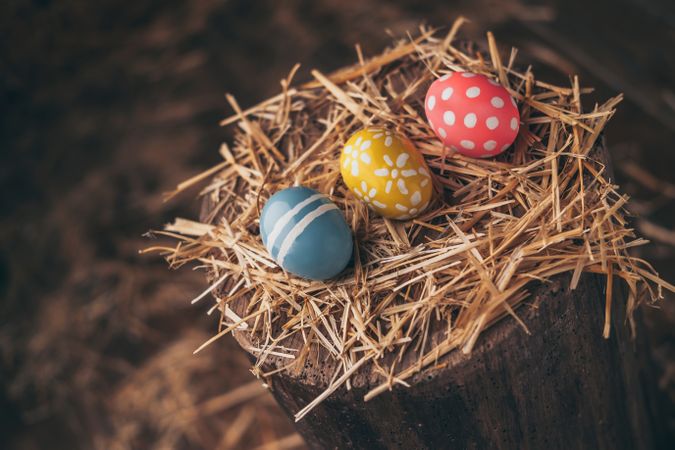 Set of Easter eggs on straw