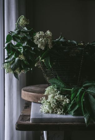Basket with beautiful flowers on table