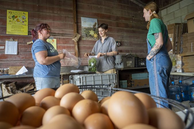 Copake, New York - May 19, 2022: Three female farmers standing in shop with fresh eggs in foreground