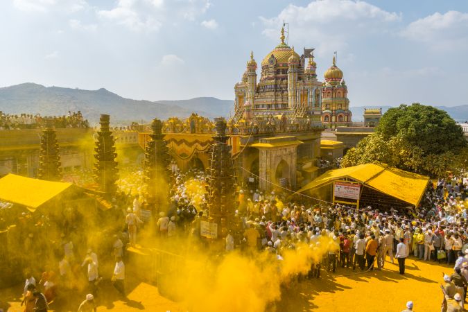 Jejuri, Maharashtra, India - Dec 30, 2024: Palkhi of Lord Khandoba at the famous and beautiful Khandoba temple at Jejuri during the festival of Somvati Amavasya