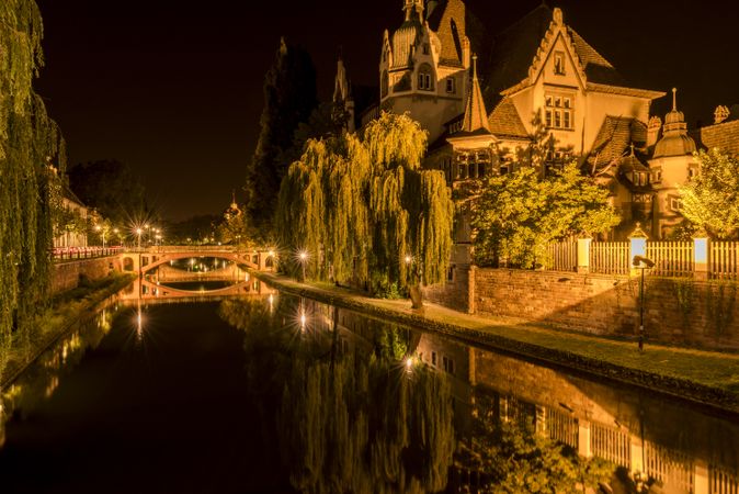 Night scene in Strasbourg with bridges and historical house