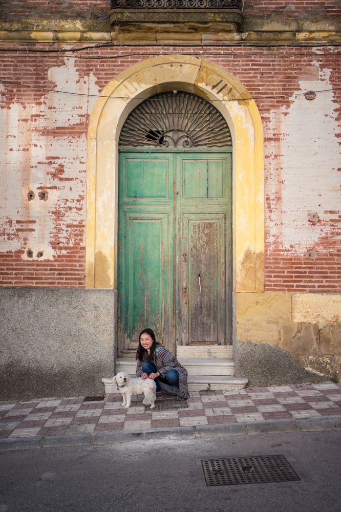 Peaceful woman stroking dog on street