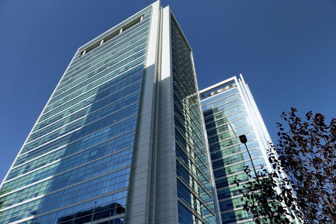 Low angle photography of high rise building in El Golf suburb of Santiago, Chile