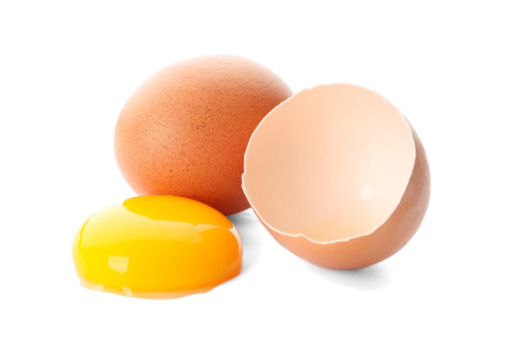 Chicken eggs and half yolk isolated on blank background