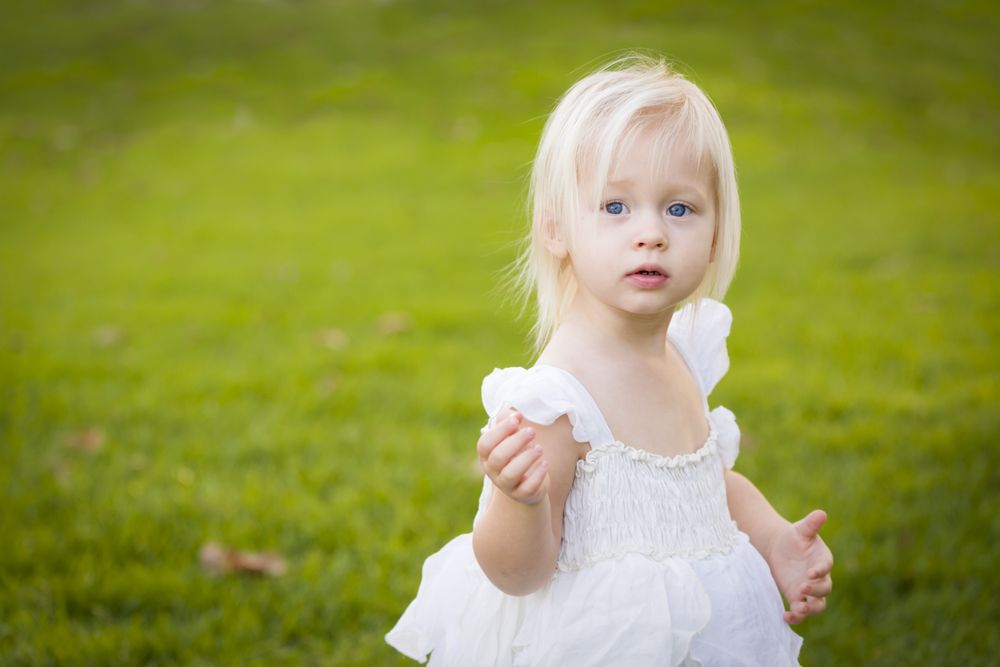 Adorable Little Girl Wearing Dress In A Grass Field