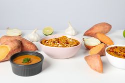 Concept of tasty food, sweet potato puree