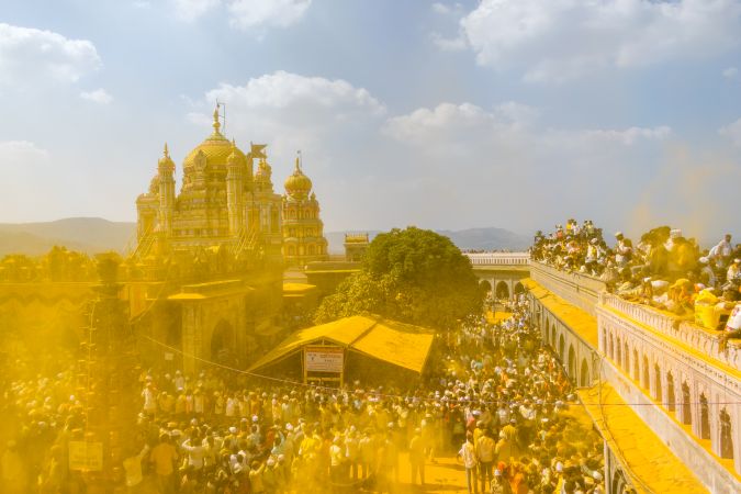 Jejuri, Maharashtra, India - Dec 30, 2024: Palkhi of Lord Khandoba at the famous and beautiful Khandoba temple at Jejuri during the festival of Somvati Amavasya