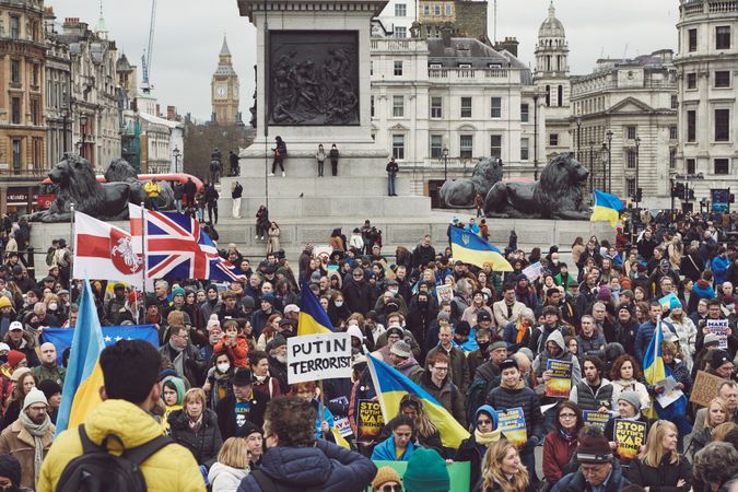 London, England, United Kingdom - March 5 2022: Crowd of protestors in Trafalgar Square with Big Ben