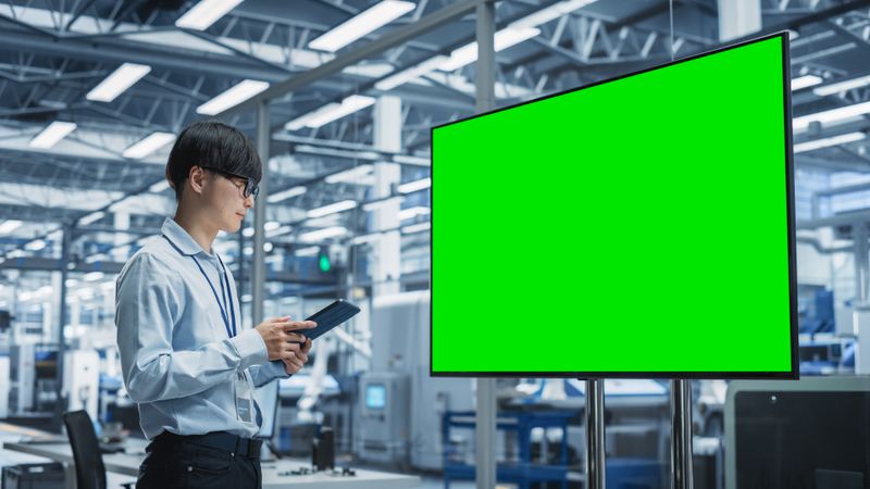 Asian man looking at screen mockup