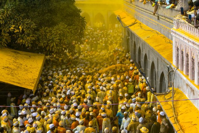 Jejuri, Maharashtra, India - Dec 30, 2024: Palkhi of Lord Khandoba at the famous and beautiful Khandoba temple at Jejuri during the festival of Somvati Amavasya