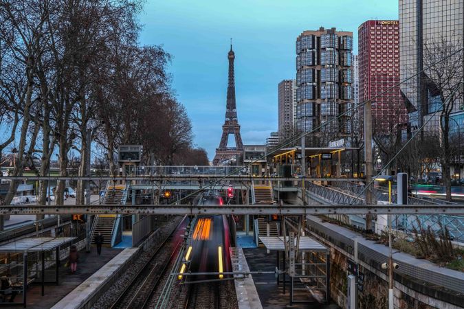 Tram in the city of Paris near Eifel tower