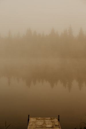 Old pier near lake on misty day