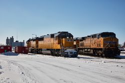 Freight engines at the depot in Worthington, Minnesota
