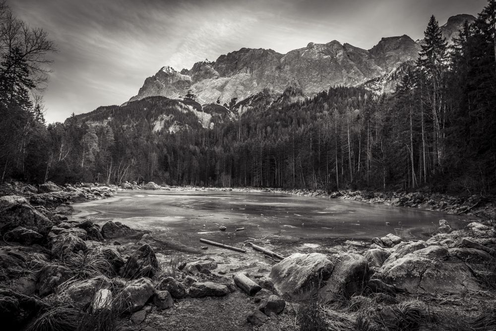 Monochrome shot of frozen lake