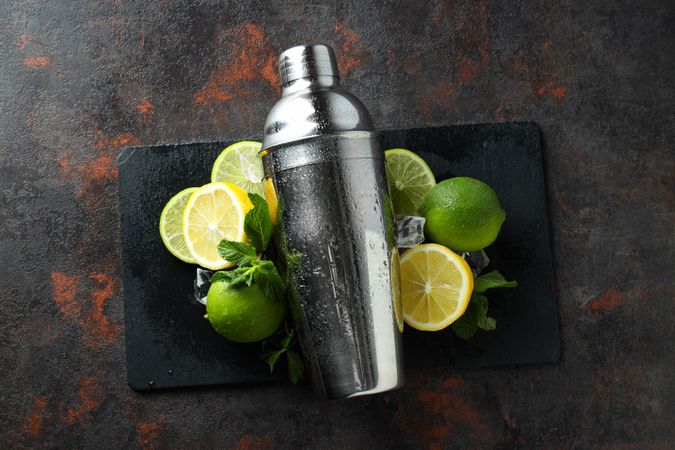 Concept of preparing cocktail, shaker, top view