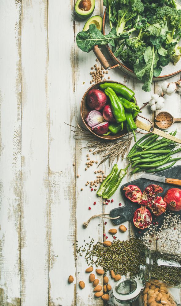 Top view of vegetarian, vegan food cooking ingredients