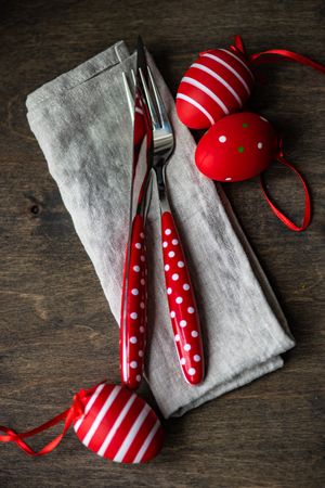 Red dotted cutlery and matching easter eggs